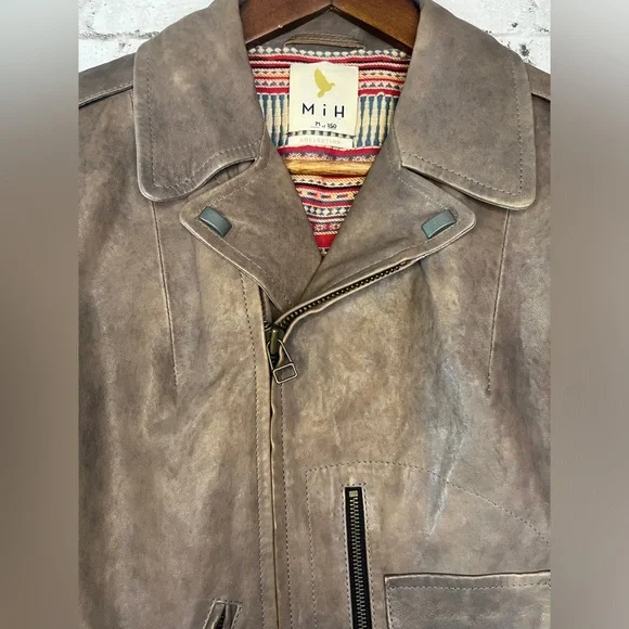 MiH Jeans Biker Jacket Denim Blue Leather Pistol Pocket MC1441LD Size Large - Picture 2 of 7